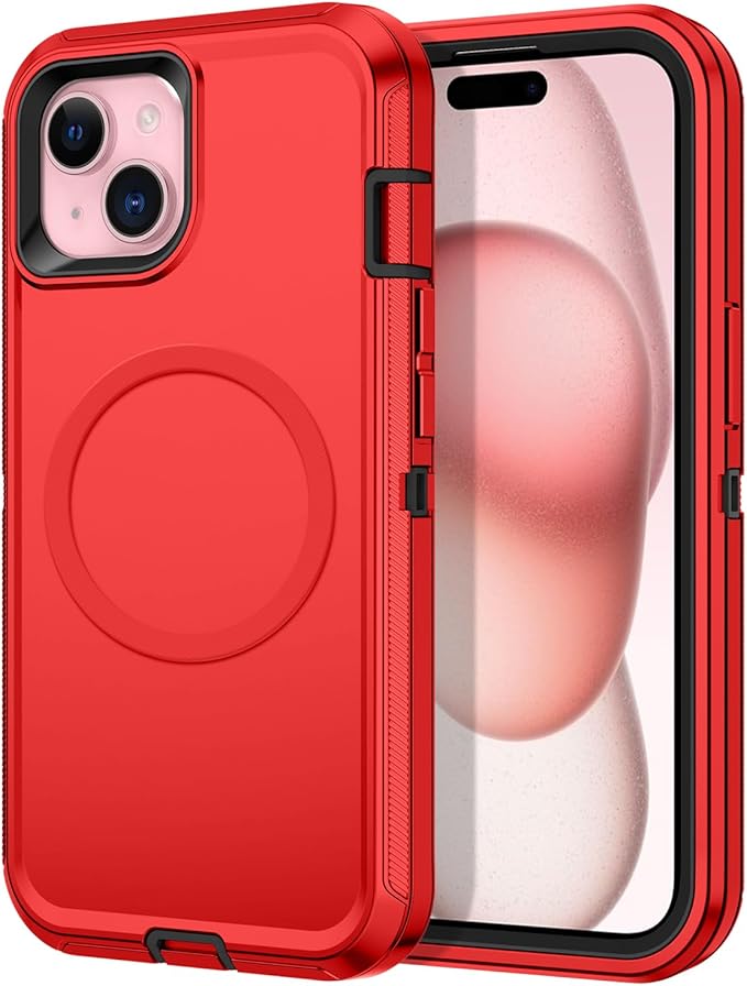 for iPhone 13/14/15 Case [Compatible with MagSafe] Shockproof 3-Layer Full Body Protection Rugged Heavy Duty Cover Case for Apple iPhone 13/14/15 6.1",Red/Black
