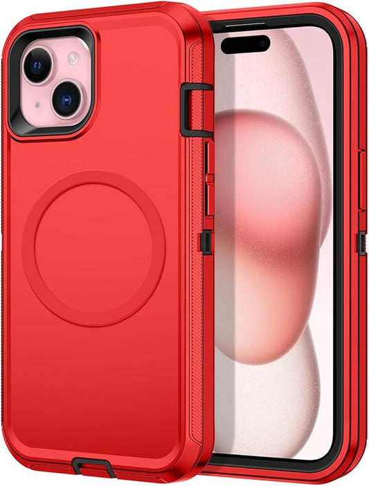 for iPhone 13/14/15 Case [Compatible with MagSafe] Shockproof 3-Layer Full Body Protection Rugged Heavy Duty Cover Case for Apple iPhone 13/14/15 6.1",Red/Black