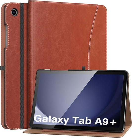 MoKo Case for Samsung Galaxy Tab A9 Plus 11" 2023 (SM-X210/SM-X216/SM-X218), PU Leather Multi-Angle Viewing Folding Stand Cover Case with Hand Strap, Front Pocket, Auto Wake/Sleep, Brown