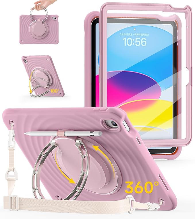 BRAECN Ripple Case for iPad (A16)11th/10th Generation 11/10.9 inch 2025/2022 Zinc Alloy Handle Ring Stand Protective Heavy Duty Screen Protector 360°Rotating 180°Folding Shoulder Strap Full-Body Cover