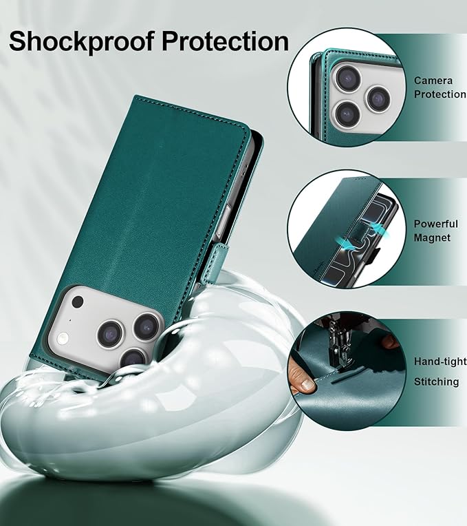 Wallet Flip Case for iPhone 17 Pro 5G - [RFID Blocking] Luxury PU Leather Card Holder Magnetic Phone Cover with Kickstand,Shockproof Protective Case,Green