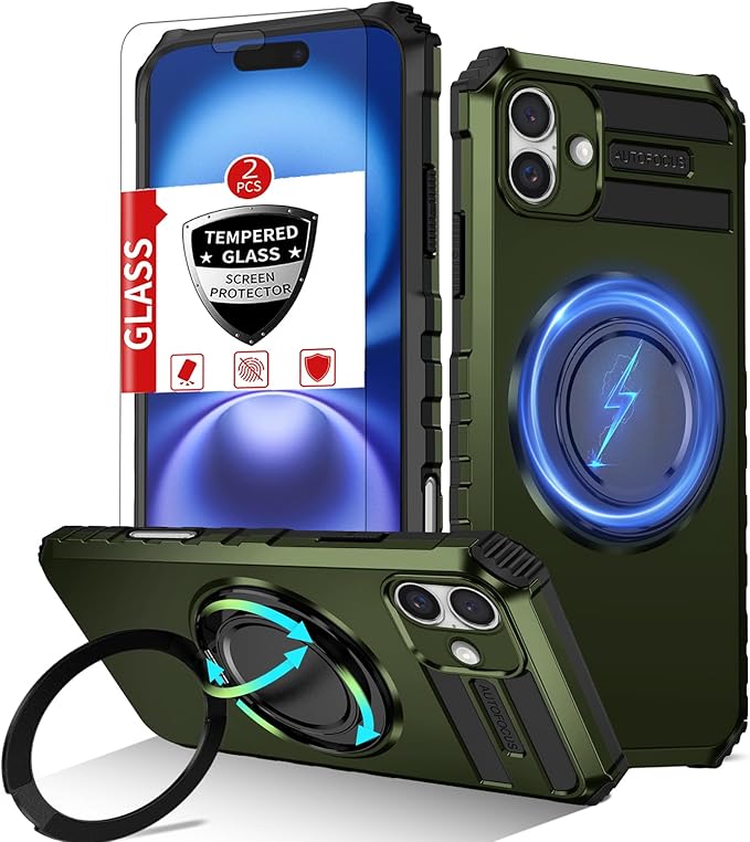 for iPhone 16 Plus Case Magnetic Compatible with Wireless Charging,16 Plus Phone Case with 2 Screen Protector,Built-in Kickstand Ring Military Grade Drop Shockproof Heavy Duty Protection Green
