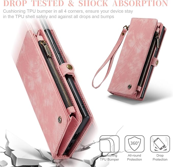 SZHAIYU 2 in 1 Detachable for Samsung Galaxy S23 Ultra Wallet Case with Card Holder, Retro Premium Flip Leather Cover Magnetic Zipper Pocket Phone Cases 6.8'' (Pink,S23 Ultra)