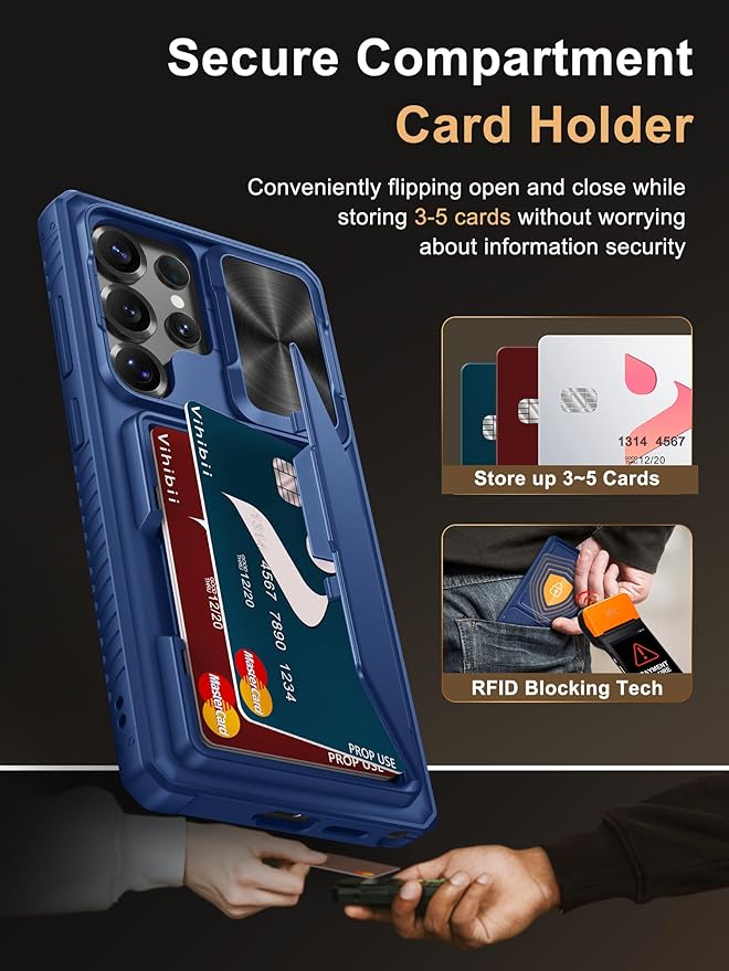 Vihibii for Samsung Galaxy S25 Ultra Case with Card Holder (4 Cards), [RFID Blocking] & Slide Camera Cover & Raised Edge Protect Screen, Shockproof Rugged Case for Samsung Galaxy S25 Ultra, Blue