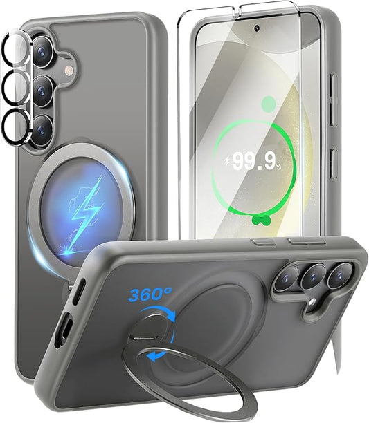 360° Rotatable Stand for Samsung Galaxy S25 Plus Case Magnetic with Screen Protector X1 & Camera Lens Protector*1, Compatible with MagSafe, 16FT Mil-Grade Shockproof for S25 Plus Case 6.7"，Gray
