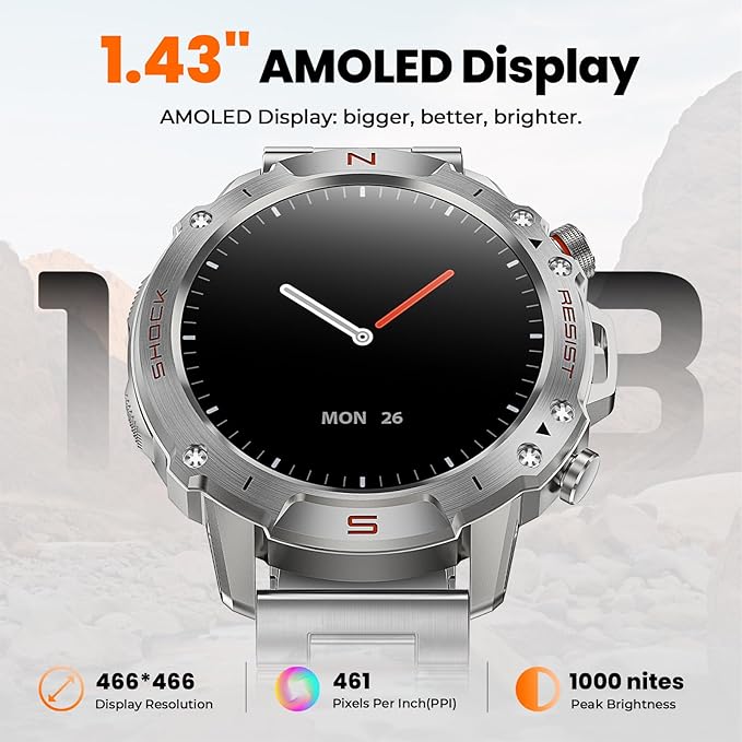 WalkerFit Military Rugged Smart Watch for Men 1.43" AMOLED Smartwatch, Always-on, 3ATM Waterproof for Swim,Accurate HR Sleep Monitor,Bluetooth Call Fitness Watch for iPhone Andriod Compatible, Silver
