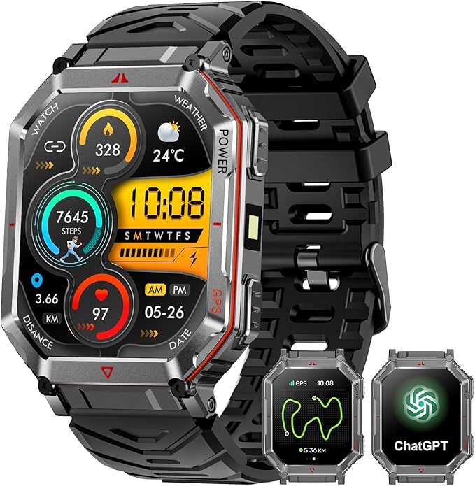 Military Smart Watch for Men with GPS/Compass，GPT Voice Assistant，Smartwatch with LED Flashlight，2.01"HD Display Bluetooth Call，Fitness Tracke with Multiple sports Modes，Compatible with Android & iOS
