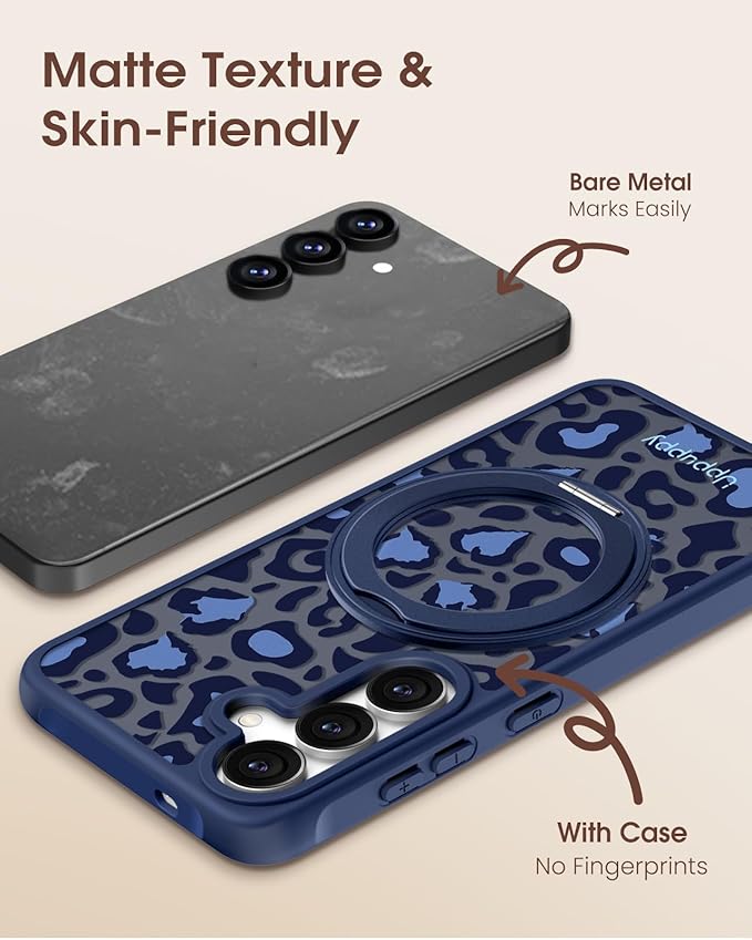 for Samsung Galaxy S25 Case with 360° Rotatable Magnetic Ring - Compatible with MagSafe, Semi-Transparent Soft-Touch Material Shockproof, Cute Blue Cheetah Print Design for Women Girl