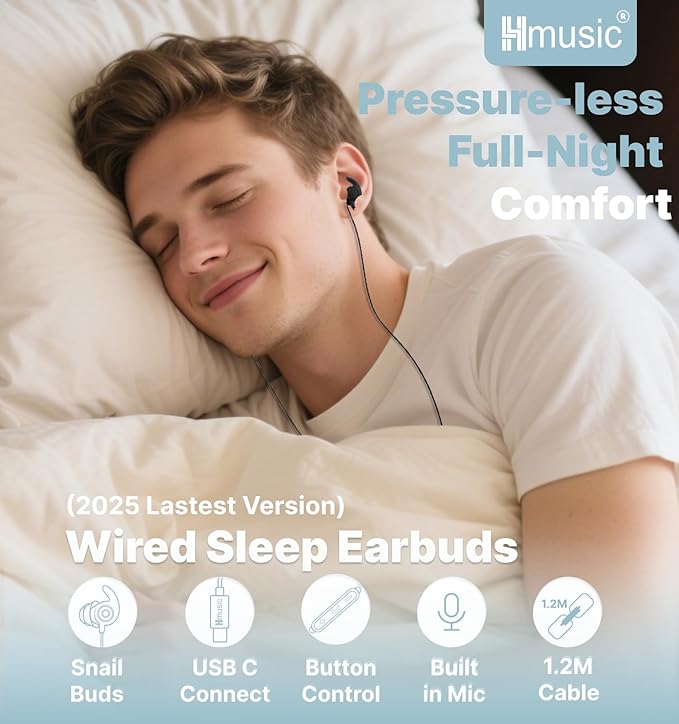 Hmusic Wired Sleep Headphones,3.5mm Wired Sleeping Earbuds,30dB Noise Isolate Sleep Earplugs,2g Lightweight Soft Silicone,Snail Flat Thin Bed Earphones for Air Travel,Work,Audio Book,Meditation