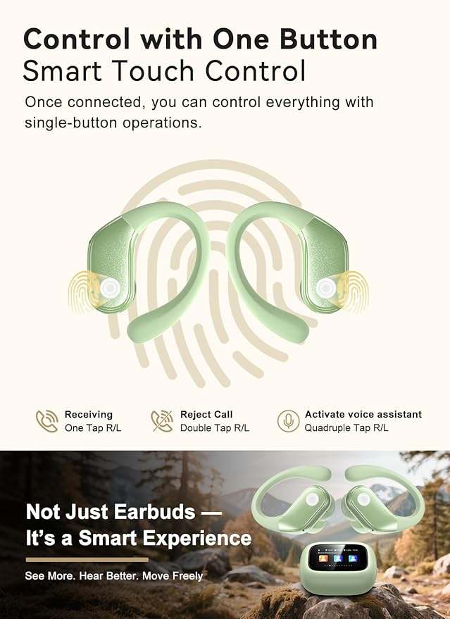 Wireless Earbuds, ENC Noise Cancelling Sport Ear Buds with Multifunctional Touch Screen, Bluetooth 5.4 Headphones, Bass Stereo Sound, 5 EQ Over-Ear Earbuds for Sports/Workout/Gym-Green