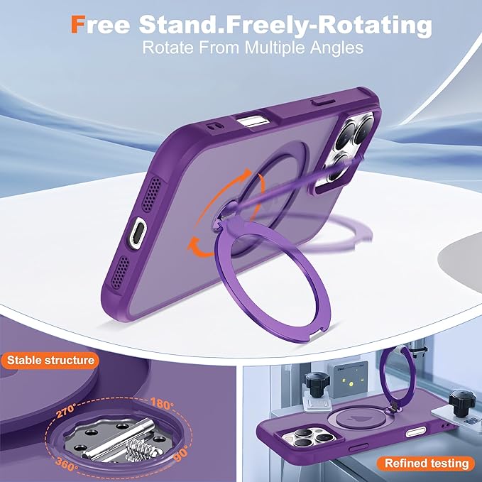 Compatible with iPhone 16 Pro Case with Invisible Magnetic 360°Spin Stand,Military-Grade Shockproof Protection [Compatible with Mag-Safe] Non-Slip Edge Translucent Case (6.3",Purple)
