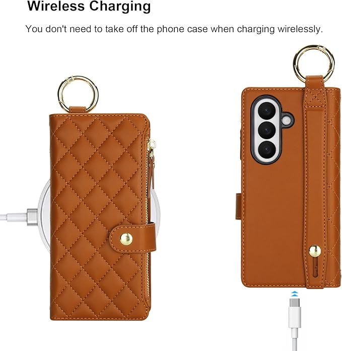 KIHUWEY for Galaxy Z Fold 7 Wallet Case with Card Holder Premium Leather Magnetic RFID Blocking Shockproof Zipper Wrist Strap Lanyard Cover for Samsung Galaxy Z Fold 7 8.0 Inch (Brown)
