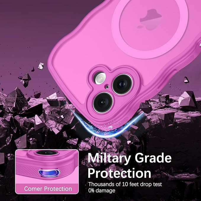 BENTOBEN for iPhone 16 Case Cute, Curly Wave iPhone16 Phone Case [Compatible with MagSafe], [Full Camera Protection] Slim Shockproof Translucent Matte 16 Magnetic Cover for Women Girls, Berry Pink