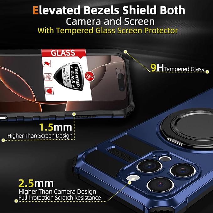 for iPhone 16 Pro Max Case Magnetic Compatible with MagSafe,with 2 Screen Protector,Built-in Camera Cover+Kickstand Ring,Military Grade Drop Shockproof Heavy Duty Protection Phone Bumper Blue