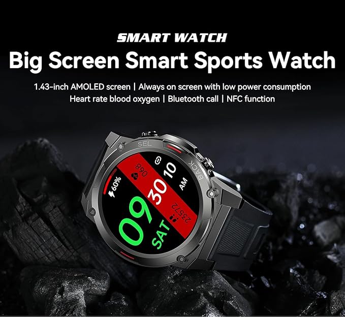 Men's Smartwatch Fitness Watch Outdoor Watch NFC Bluetooth Call Health Monitoring Heart Rate Oximetry 1.43 AMOLED Normal Bright Screen (Black)