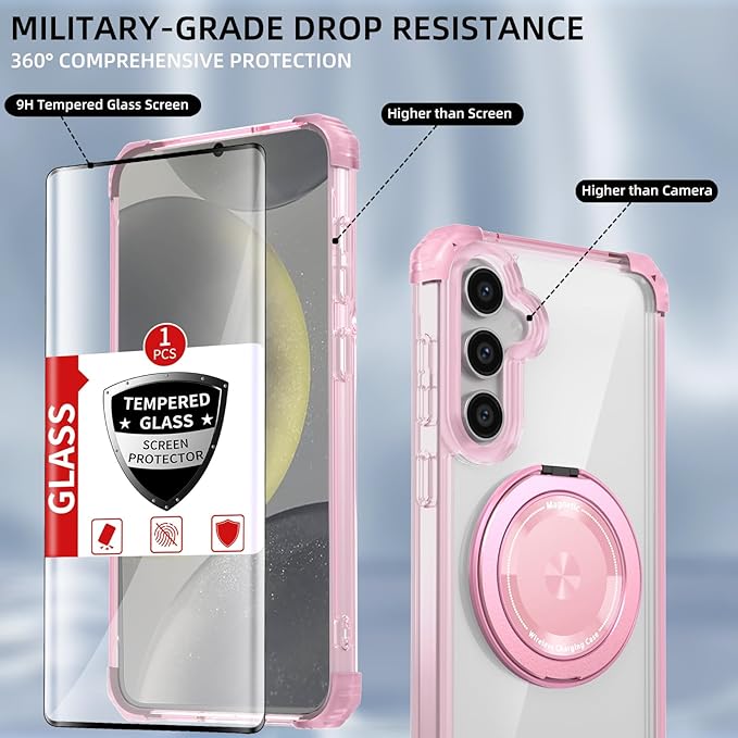for Samsung Galaxy S24 Case Magnetic Compatible with MagSafe Wireless Charging,with 360°Kickstand Ring,for S24 Phone Case with Screen Protector, Military Grade Drop Protection Shockproof Pink