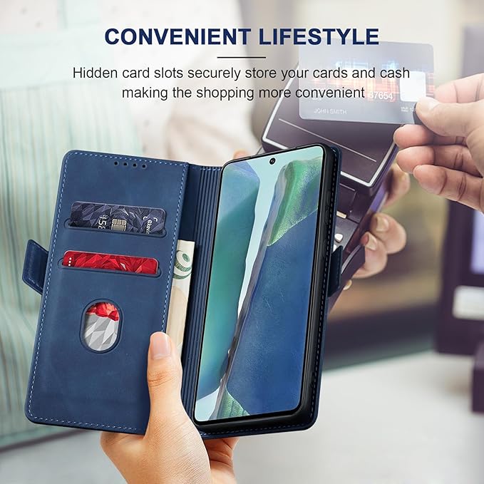 Jasonyu Flip Wallet Case for Samsung Galaxy Note 20,Leather Magnetic Folio Cover with Card Holder,Kickstand - TPU Shockproof Durable Protective Phone Case,Blue