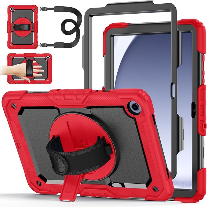 Case for Samsung Galaxy Tab A9+/A9 Plus 11 Inch 2023(SM-X210/X216/X218), Ubearkk Full-Body Drop Protection Case with Screen Protector, 360° Rotating Stand and Hand/Shoulder Strap, Red