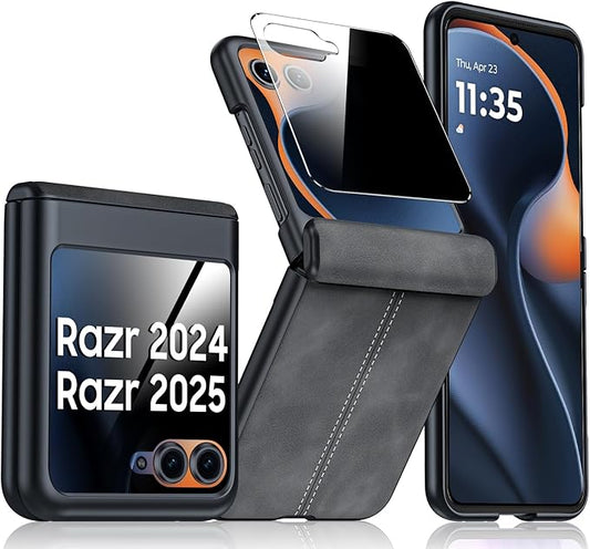 for Motorola Razr 2025 Case/Razr 2024 Case, Built-in Privacy Screen Protector & Hinge Protection & Ultra Thin PU Leather PC Shockproof Phone Cover Smartphone Case for Moto Razr 2025/2024 (Black)