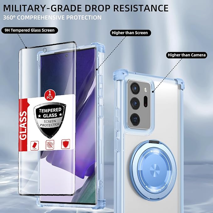 for Samsung Galaxy Note 20 Ultra Case Magnetic Compatible with MagSafe,with 1 Tempered Glass Screen Protector,Built-in 360°Kickstand Ring Military Grade Shockproof Heavy Duty Protection Blue