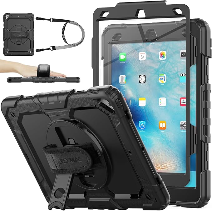 SEYMAC stock Case for iPad Air 3 2019 / Pro 10.5'' with Screen Protector Pen Holder [360° Rotate Hand Strap/Stand], Drop-Proof Case (Black)