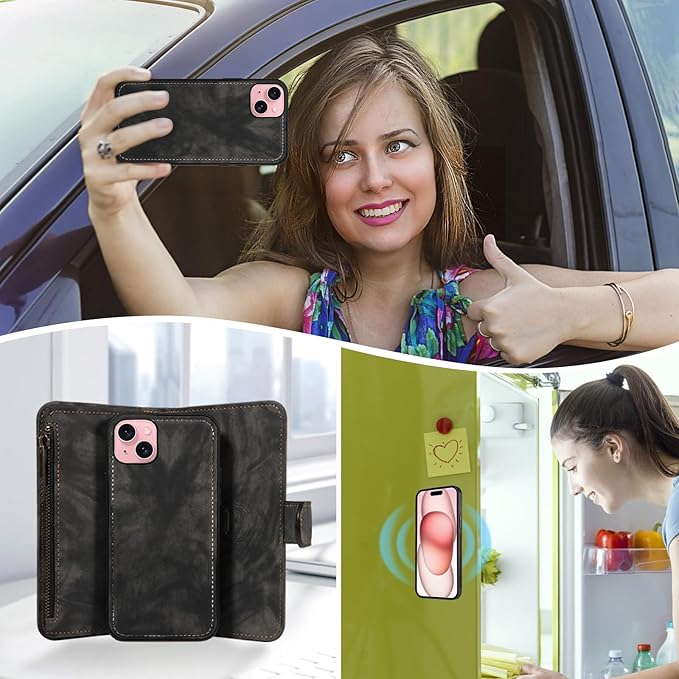 Asuwish Phone Case for iPhone 15 6.1 inch Zipper Wallet Magnetic Cell Cover with Tempered Glass Screen Protector Crossbody Strap Flip Credit Card Holder iPhone15 5G i i-Phone i15 15Case Women Black