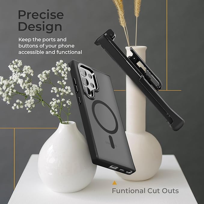 MOTIVE Designed for Samsung Galaxy s24 Ultra Case with Belt Clip, Semi-Clear Case Magnetic Compatible with MagSafe, Slim Cover, Drop Tested s24 Ultra Holster Case 6.8” | Clear Frost