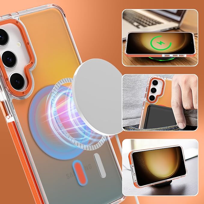 MOWIME Magnetic Case for Samsung Galaxy S23 [Compatible with Magsafe] [Cute Fashion Fluorescent Design] [1 Screen Protector] Slim Translucent Matte Case for Galaxy S23 6.1", Orange