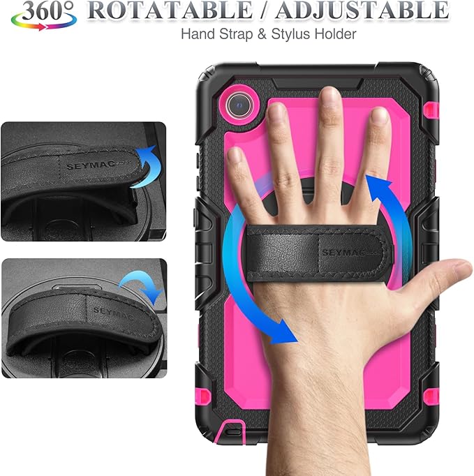 SEYMAC stock Tablet Case for Lenovo Tab One (TB305FU) 8.7 inch Drop-Proof Protection Cover with 360° Rotate Stand & Strap [Pen Holder] & Screen Protector/K9 2025, Rose+Black