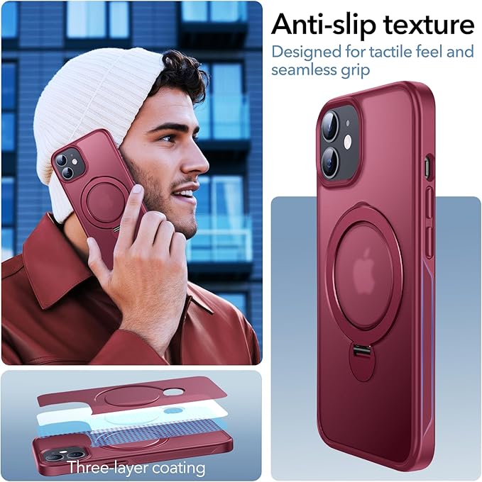 Anqrp 360° All-in-ONE Stand Case for iPhone 12/12 Pro Case with Rotatable Magnetic Kickstand Ring Holder, Compatible with MagSafe, MIL-Grade Shockproof iPhone 12/12 Pro Phone Case Cover 6.1" Red