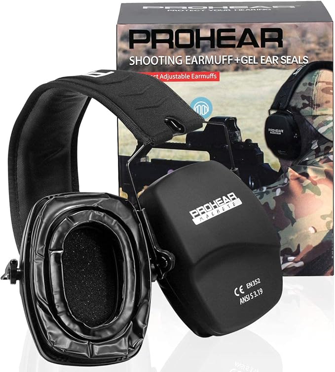 PROHEAR 016-GEP02 Shooting Ear Protection Safety Muffs with Gel Ear Seals with groove, NRR 26dB Noise Reduction Slim Low Profile Passive Earmuffs, Folding Hearing Protector for Airsoft, Hunting