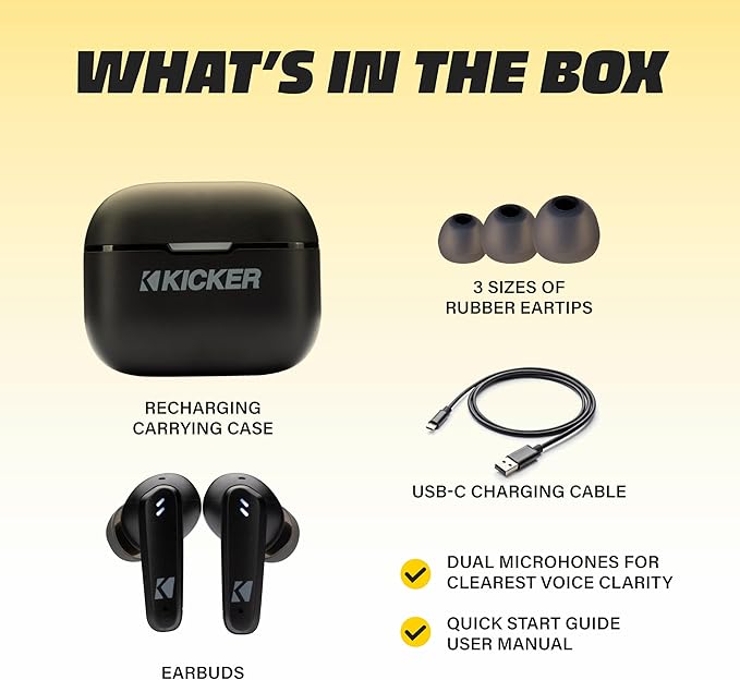 KICKER Bluetooth Earbuds 50KTWS3 Wireless Earbuds with Active Noise Cancellation, 25-Hour Battery Life, in-Ear Headphones with Dual Microphones for Clearest Voice Clarity Touch Controls