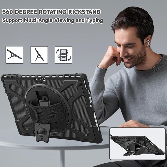 DreamerX for Microsoft Surface Pro 7+ Plus/7/6/5/4 Case 12.3" Case, Kids-Friendly Shockproof Rugged Business Cover Rotating Stand Hand Strap Pencil Holder, Compatible with Type Cover Keyboard, Black