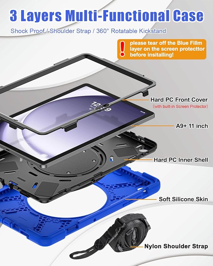 BRAECN Case for Samsung Galaxy Tab A9 Plus 11 Inch 2023 SM-X210/X216/X218, Heavy Duty Rugged Silicone Cover with Screen Protector, Handle Grip, Swivel Stand, Shoulder Strap for Samsung Tab A9+, Blue