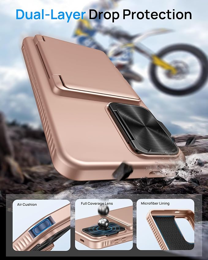 for Samsung Galaxy S25 FE Case with Card Holder & Camera Lens Cover Stand, Military Grade Drop Protection Shockproof Rugged Stand Wallet Protective Phone Case for S25 FE 2025, Rose Gold