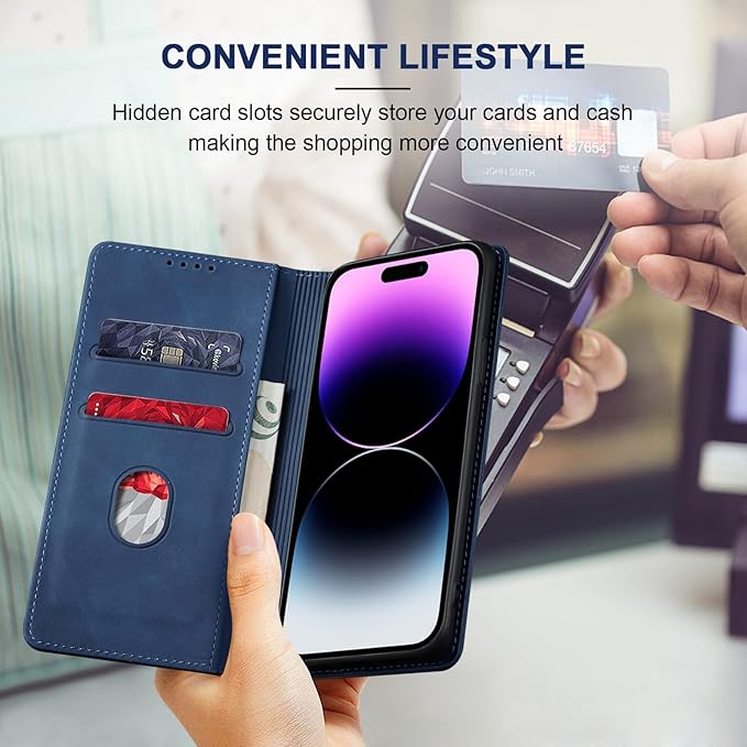 Jasonyu Flip Wallet Case for iPhone 14 Pro Max 5G,Leather Magnetic Folio Cover with Card Holder,Kickstand - TPU Shockproof Durable Protective Phone Case,Blue