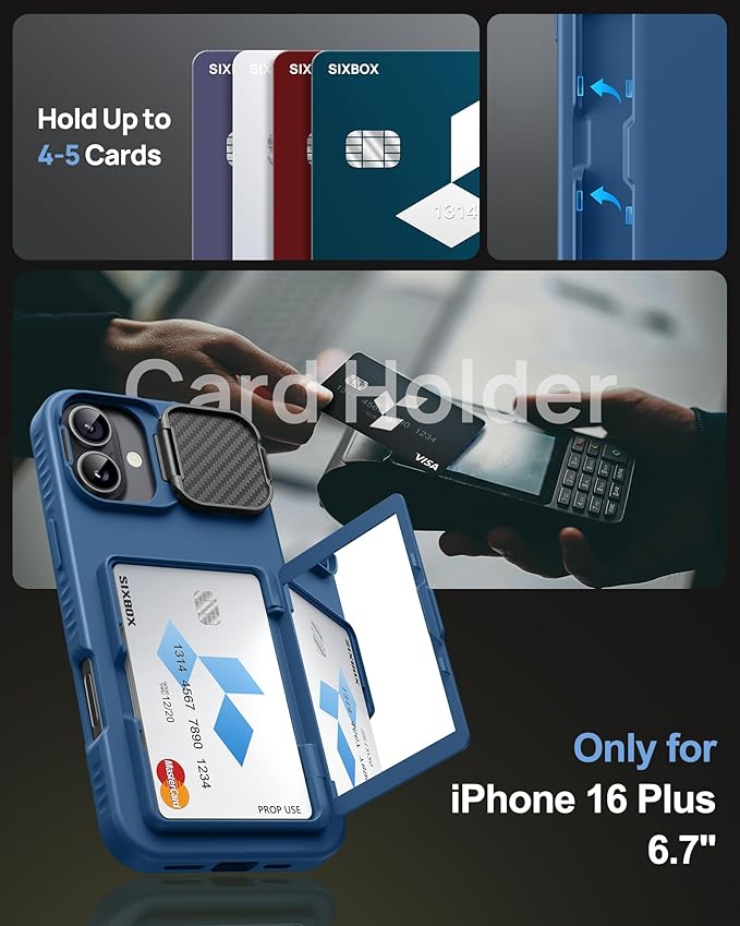 for iPhone 16 Plus Case with Card Holder, Built-in Stand & Camera Lens Cover, Shockproof Rugged Silicone Raised Edge Protective Multifunctional Wallet Phone Case for iPhone 16 Plus 2024, Blue