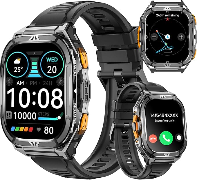 Smartwatch for Men GPS Sports Watch, 1.96" AMOLED Display, 5ATM Waterproof Metal Military Smart Watches, Fitness Activity Tracker with Compass Pedometer Sleep/Heart Rate Monitor for Android iOS Black
