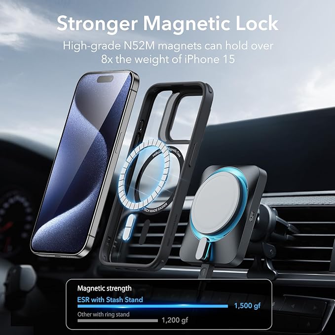 ESR for iPhone 15 Pro Case, Compatible with MagSafe, Military-Grade Protective Case, Built-in Stash Stand Phone Case, Scratch-Resistant Back Cover, Classic Series, Clear Black