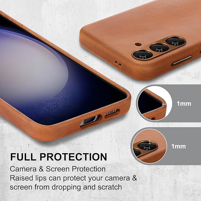 Belemay Leather Case for Samsung Galaxy S24 Compatible with Magsafe - Premium Crazy Horse Leather [Vintage Aesthetics] Unique Patina, Comfort Grip, Metal Buttons, Slim&Soft Cover (6.2") Tan Brown