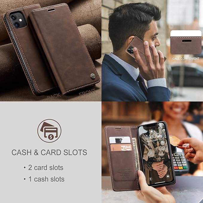 for iPhone 11 6.1-Inch Case, Flip Wallet Leather Case with Card Holder Magnetic Closure Shockproof Kickstand Protective Phone Cases Cover for iPhone 11, Coffee