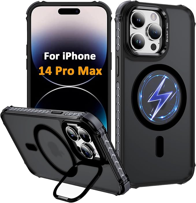 Magnetic for iPhone 14 Pro Max Case Black with MagSafe Wireless Charging Heavy Duty Military-Grade Shockproof Protection Adjustable Kickstand Slim Matte Anti-Fingerprint Cover Men Women