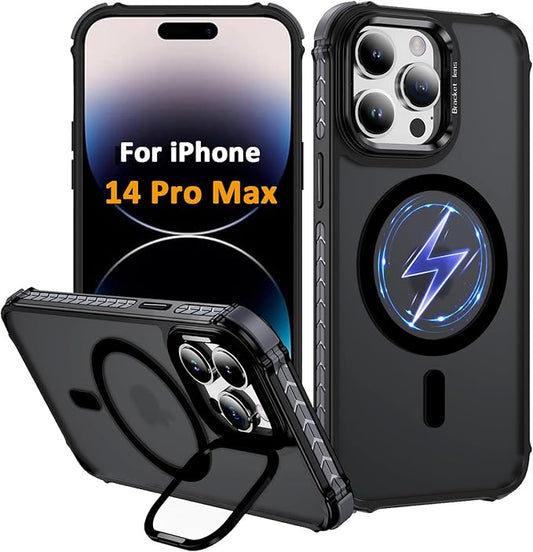 Magnetic for iPhone 14 Pro Max Case Black with MagSafe Wireless Charging Heavy Duty Military-Grade Shockproof Protection Adjustable Kickstand Slim Matte Anti-Fingerprint Cover Men Women