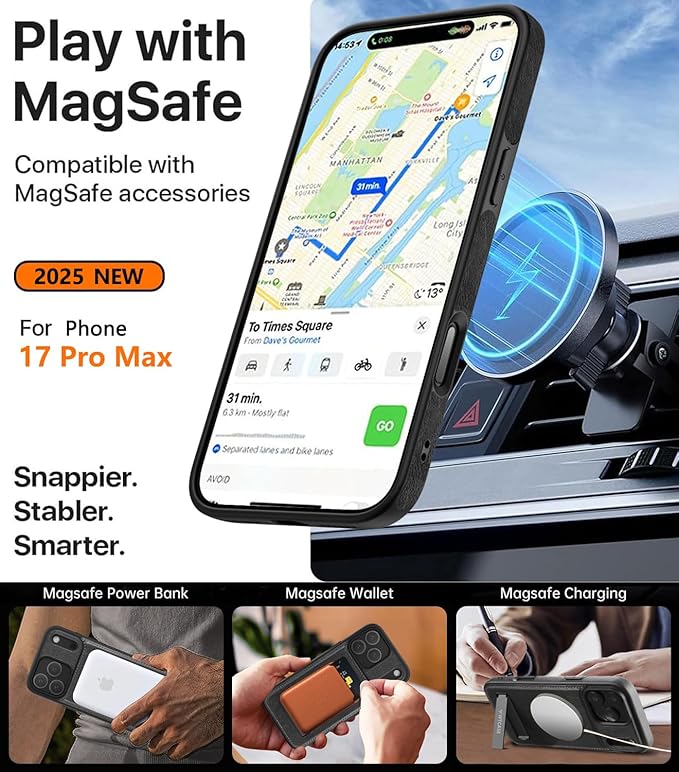 Magnetic for iPhone 17 Pro Leather Case,Built-in Invisible Stand [Compatible with Magsafe] Protective Slim Kickstand Phone Cover for iPhone 17 Pro Case, Black