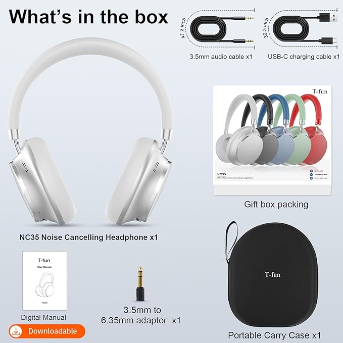 T-fun NC35 Hybrid Active Noise Cancelling Headphones, 360° Spatial Audio with Head Tracking, Over Ear Headphones Wireless Bluetooth 5.3, 55H ANC Playtime, Deep Bass, Custom EQ via App, for Travel Home