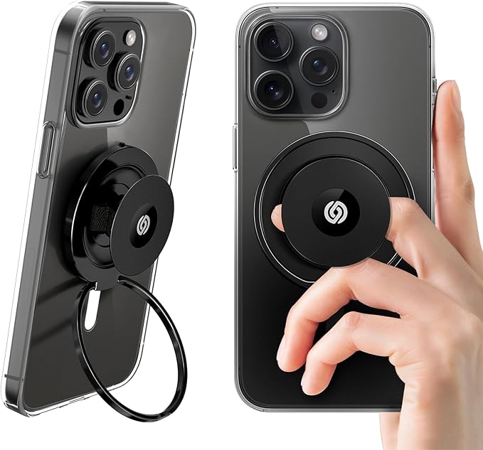 EWA MagOne Ultra (Plate Edition) Phone Grip Stand with Leather Finger Strap, Removable Magnetic Ring Holder Kickstand Loop, Double-Sided Magnetic Accessories for Phone-Black