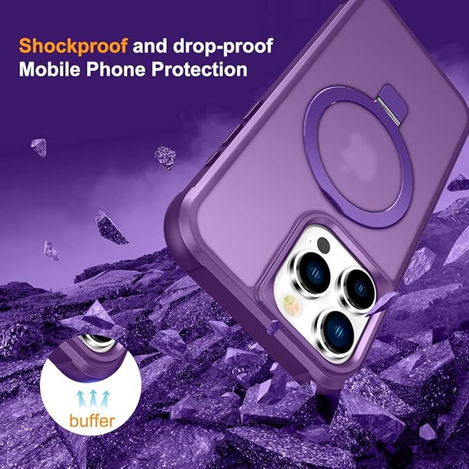 Magnetic Compatible with iPhone 15 Pro Case with Stand [Military Grade Drop Tested][Compatible with Magnet] Ring Translucent Slim Hard Back Soft Edge, Purple