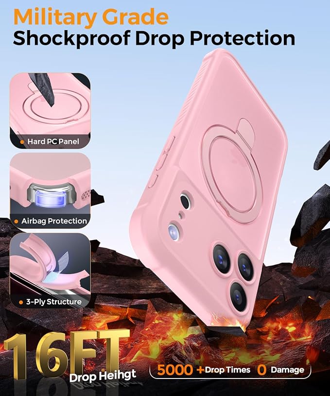 MOCCA Compatible with iPhone 17 Pro Max Case with Magnetic Invisible Stand [Full Camera Protection] [Compatible with Magsafe] Military Drop Shockproof Translucent Matte Phone Case Cover 6.9",Pink
