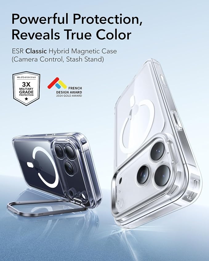 ESR for iPhone 17 Pro Case with Stash Stand, Camera Control Cover Compatible with MagSafe, Military-Grade Drop Protection Magnetic Phone Case for iPhone 17 Pro, Scratch-Resistant Back Cover, Clear