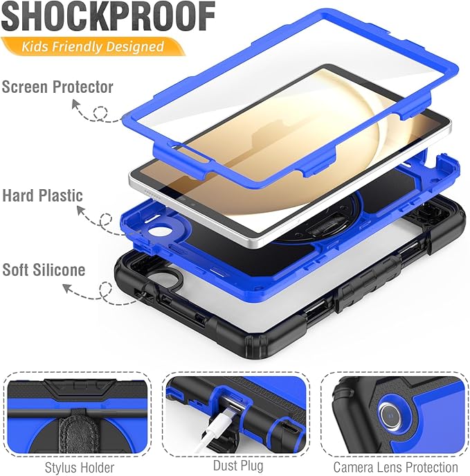 HXCASEAC Case for Samsung Galaxy Tab A9 8.7 Inch, Protective with Screen Protector/Hand Strap/Pen Holder, Sturdy Shockproof for Samsung A9 Tablet Case SM-X110 SM-X115 SM-X117 - Blue